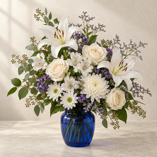 White lilies, cream roses, white chrysanthemums and alstroemeria with violet accents in a rounded cobalt-blue glass vase.