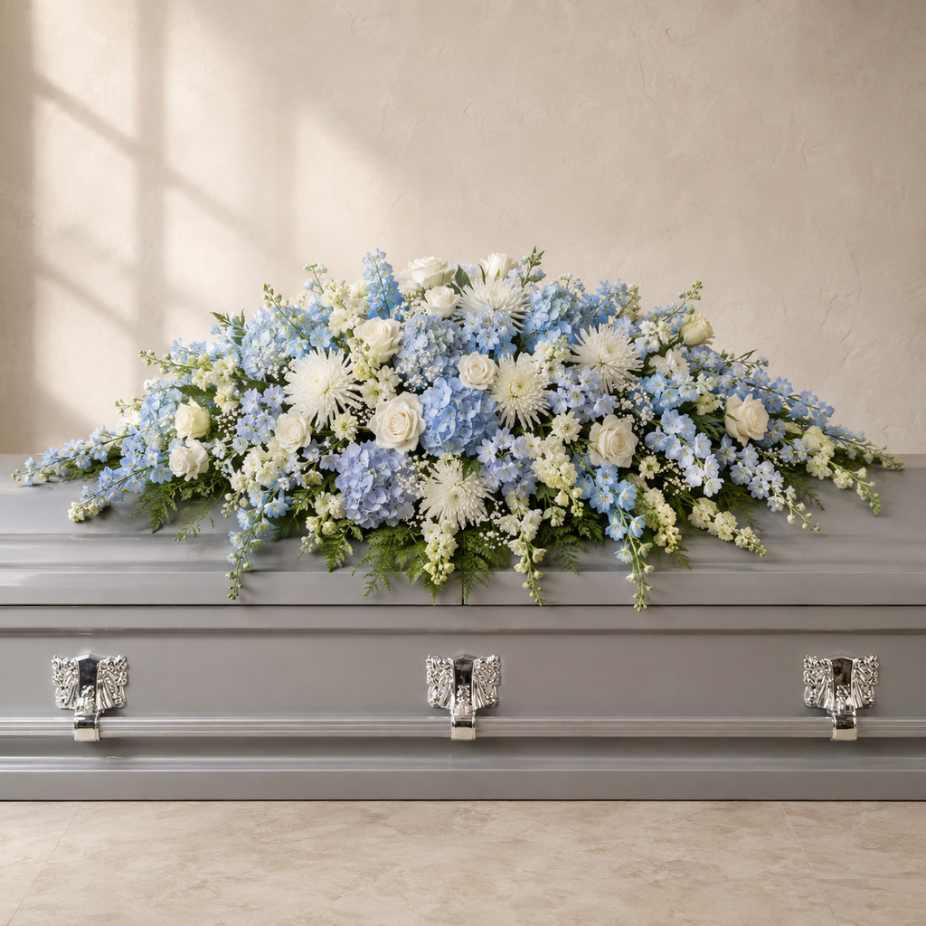 Powder blue, cream white and ivory casket spray