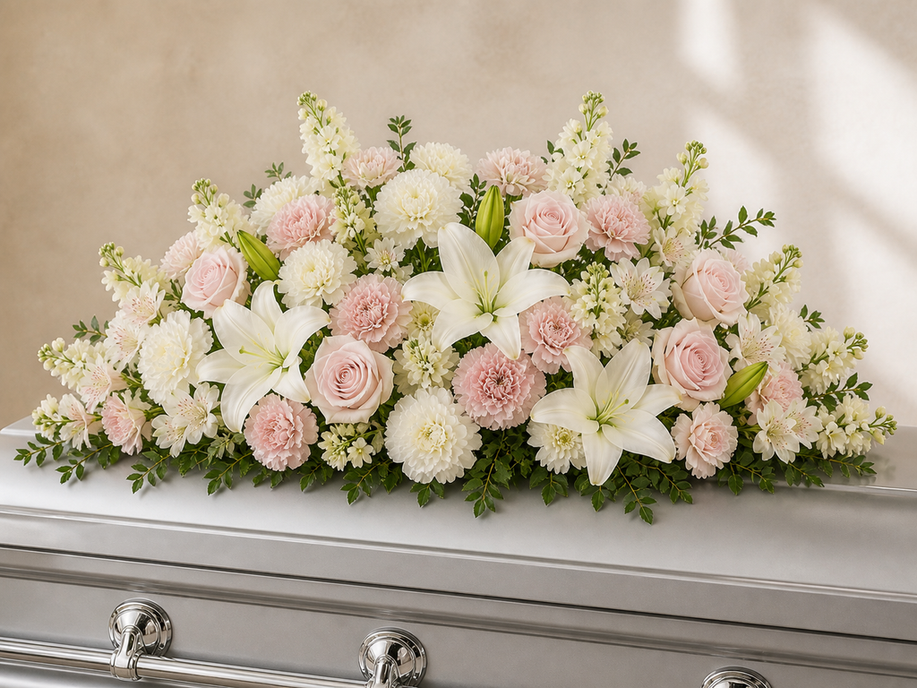 Blush pink and white casket spray
