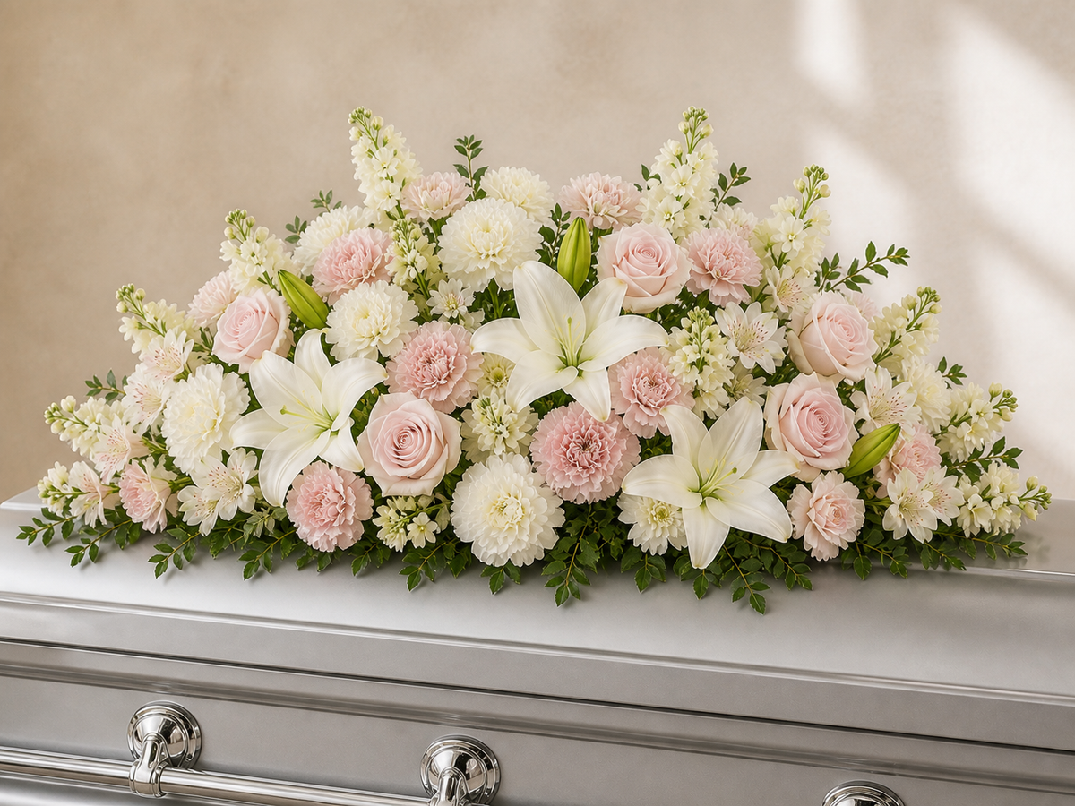 Blush pink and white casket spray