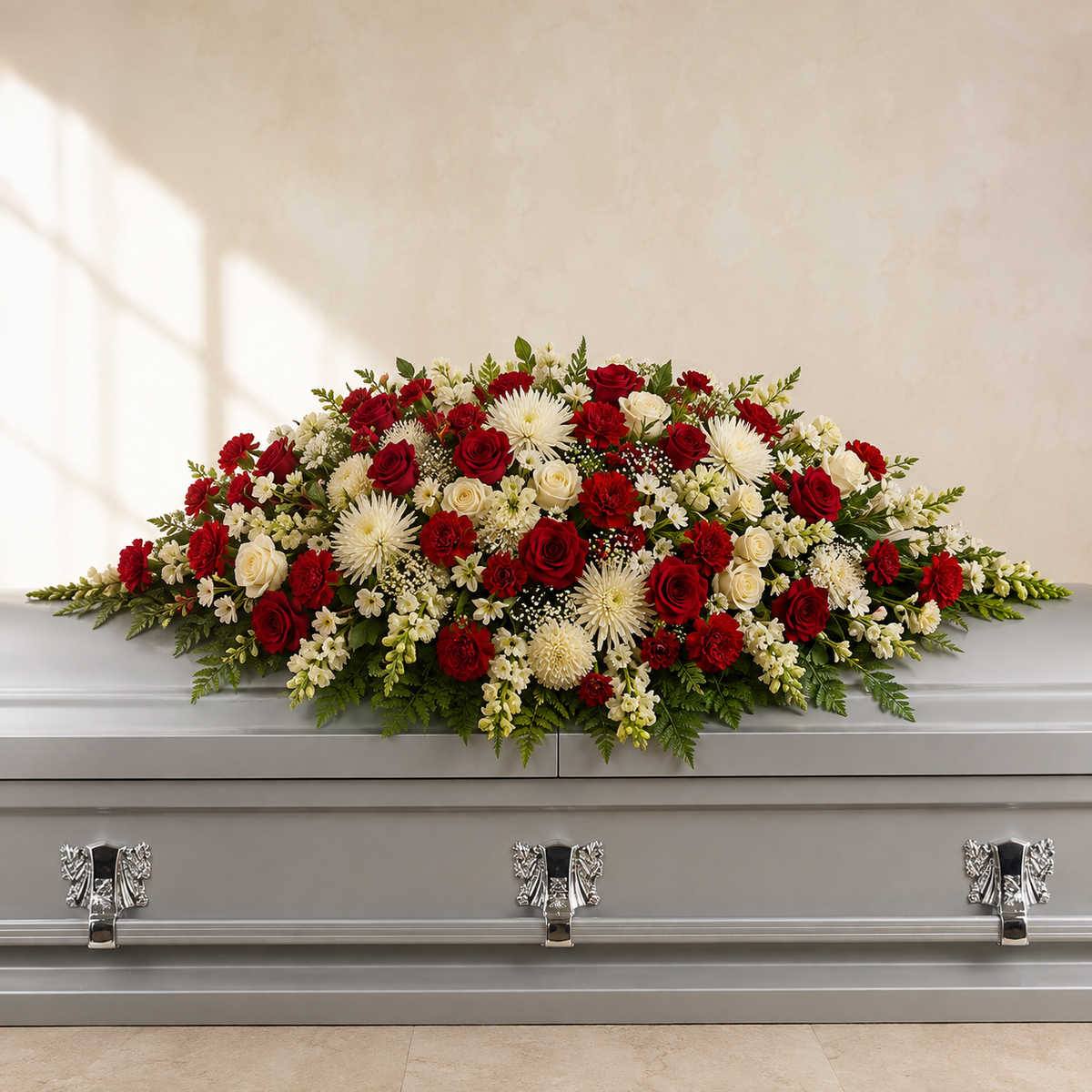 Velvet red, cream white and ivory casket spray