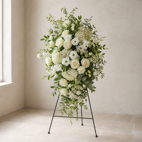 Custom cream white and ivory floral tribute on a standing easel