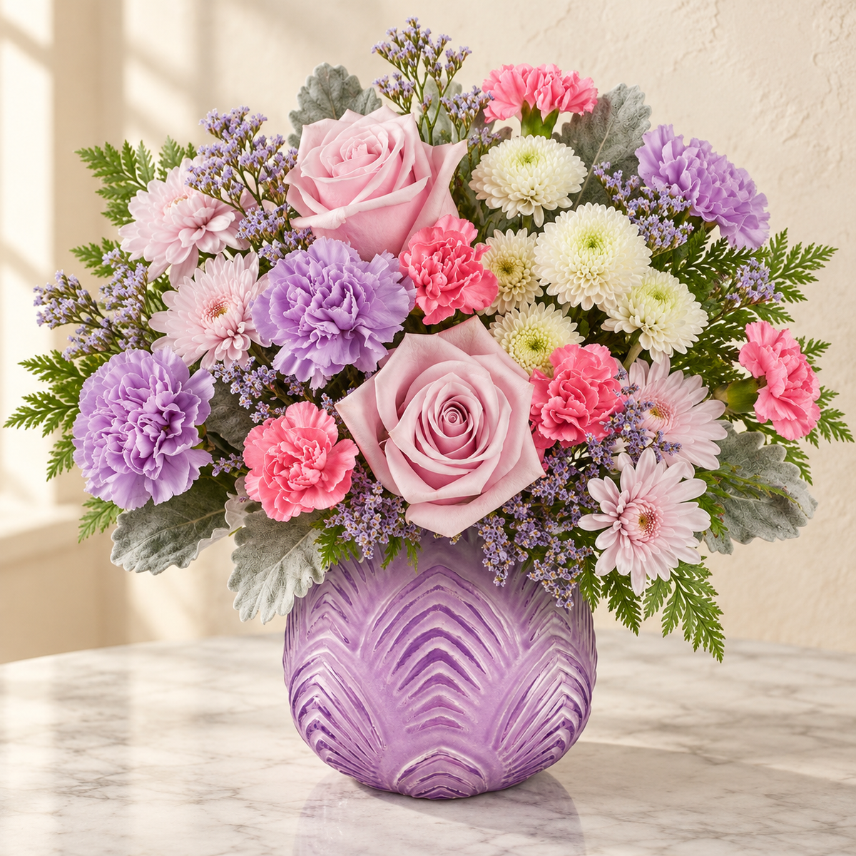 Light pink roses, lavender carnations and white mums in a lavender art-deco vase
