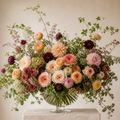 Large premium blush, apricot, cream, and berry garden arrangement in a clear glass compote