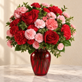 Red roses and red and blush pink carnations in a ruby red glass vase