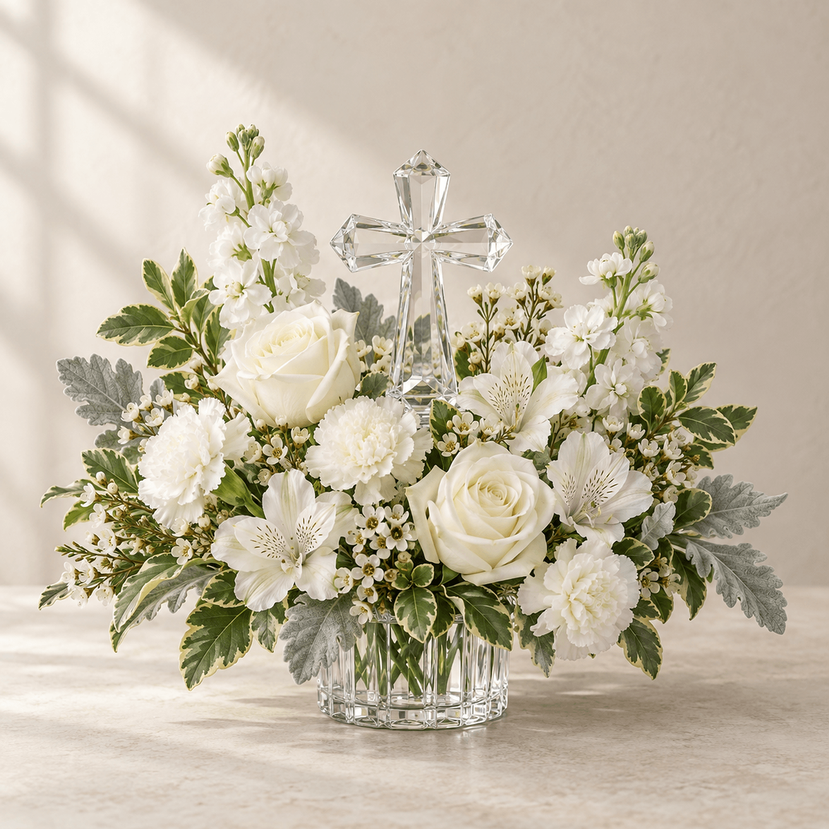 A clear crystal cross rises above white and cream flowers with fresh green and silver foliage. A thoughtful expression of faith for the family home.
