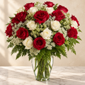 Long-stemmed red and white roses with Queen Anne’s lace in a clear glass vase