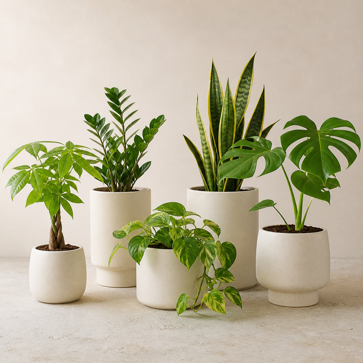 Five easy-care green plants in coordinated ivory ceramic vessels