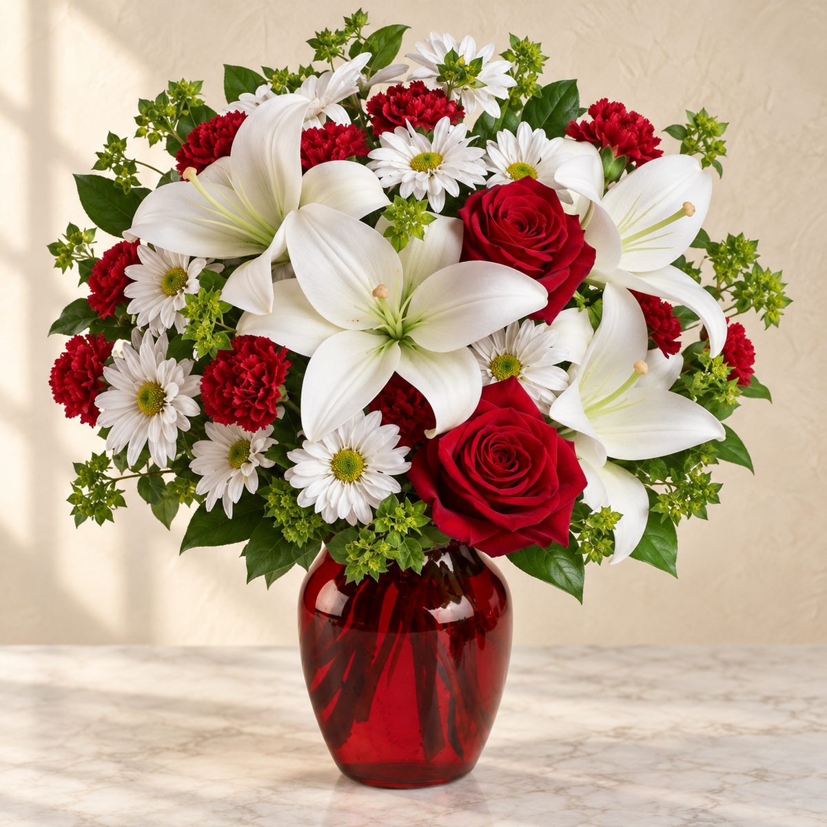 Red roses, white lilies and white daisies in a red glass vase