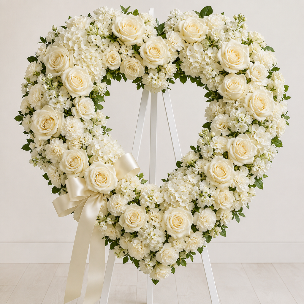 Cream white and ivory open heart standing spray with roses and hydrangea