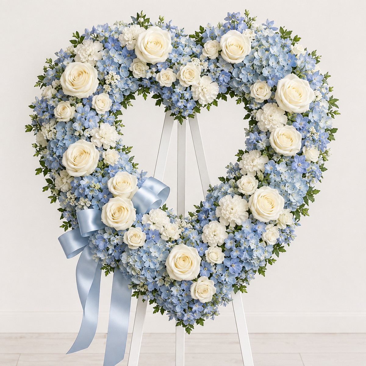 Powder blue and white open heart standing spray with hydrangea and roses