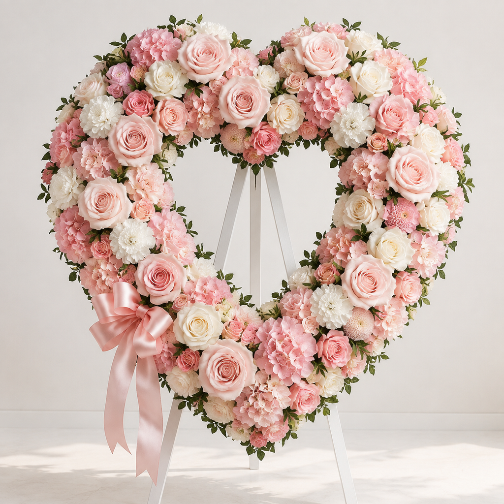 Blush pink and white open heart standing spray with roses and hydrangea