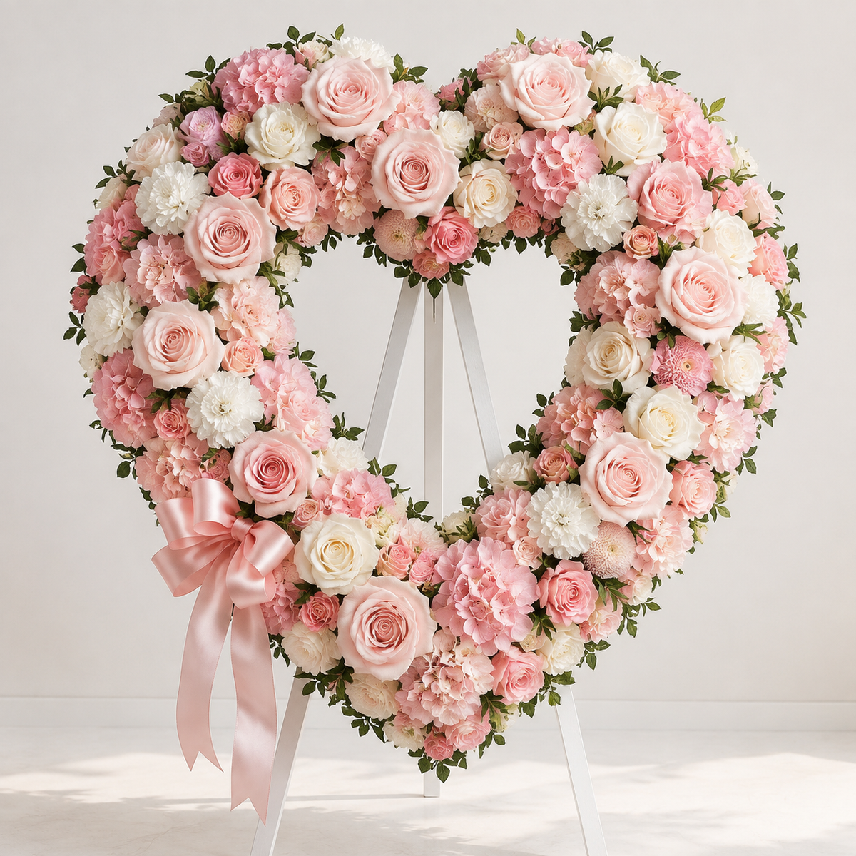 Blush pink and white open heart standing spray with roses and hydrangea