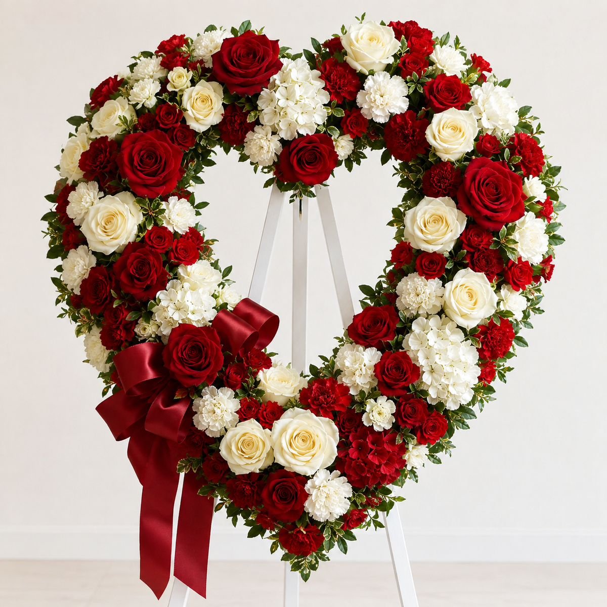 Red and white open heart standing spray with roses, hydrangea and carnations
