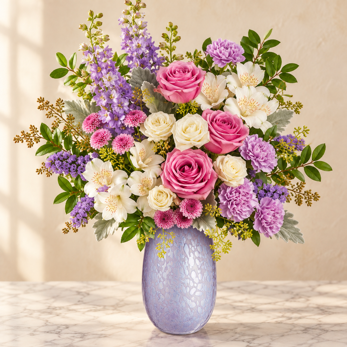 Pink roses, larkspur and lavender carnations in an iridescent lavender glass vase