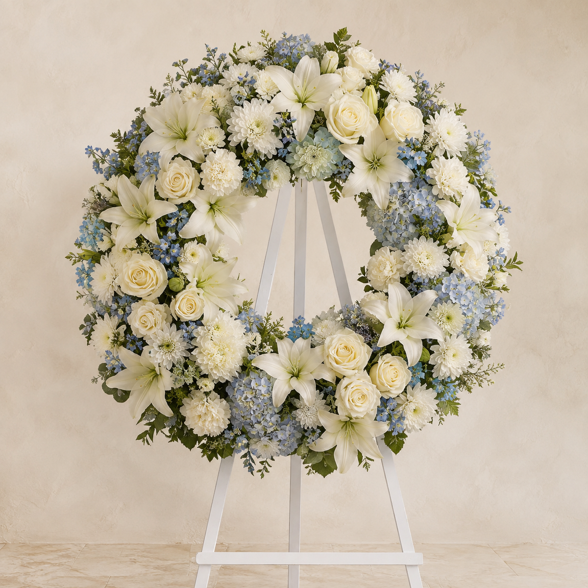 Powder blue and cream white floral remembrance wreath