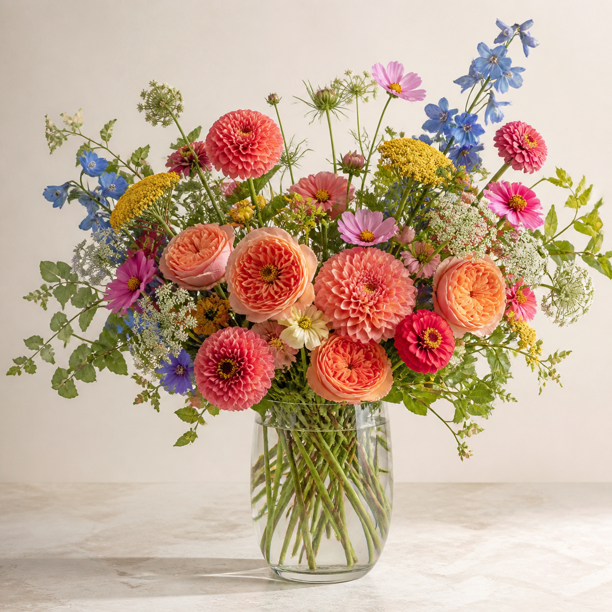 summer seasonal flower arrangement in a clear glass vase
