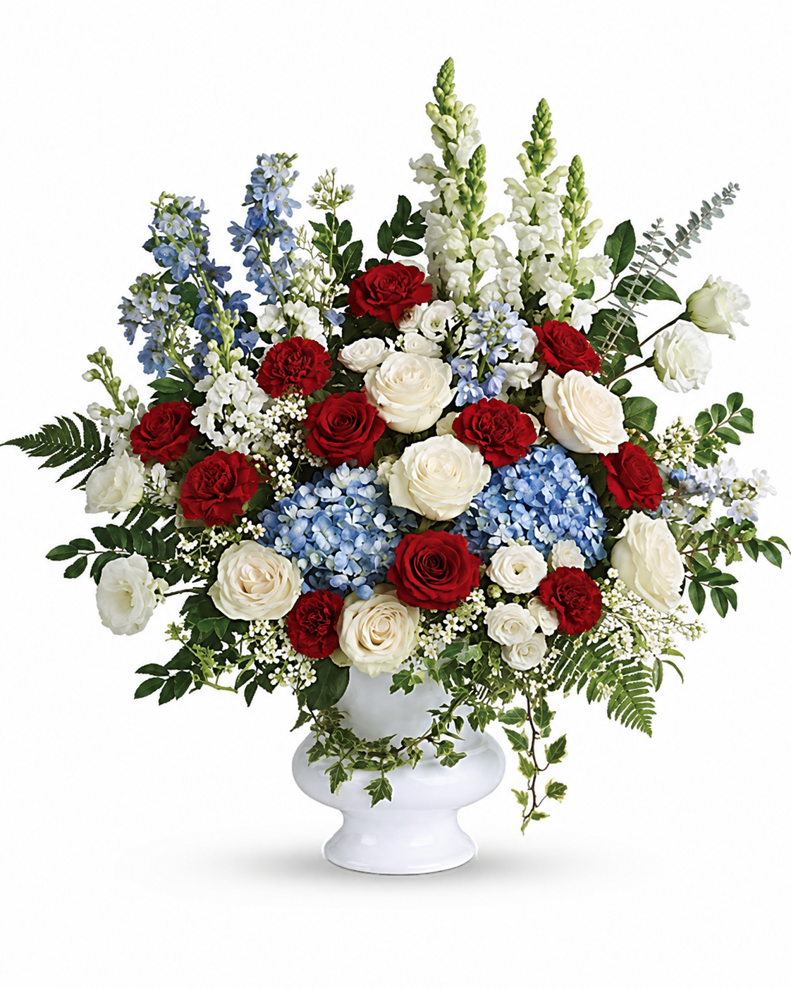 Natural red, white, and powder-blue service floor basket in a white pedestal urn