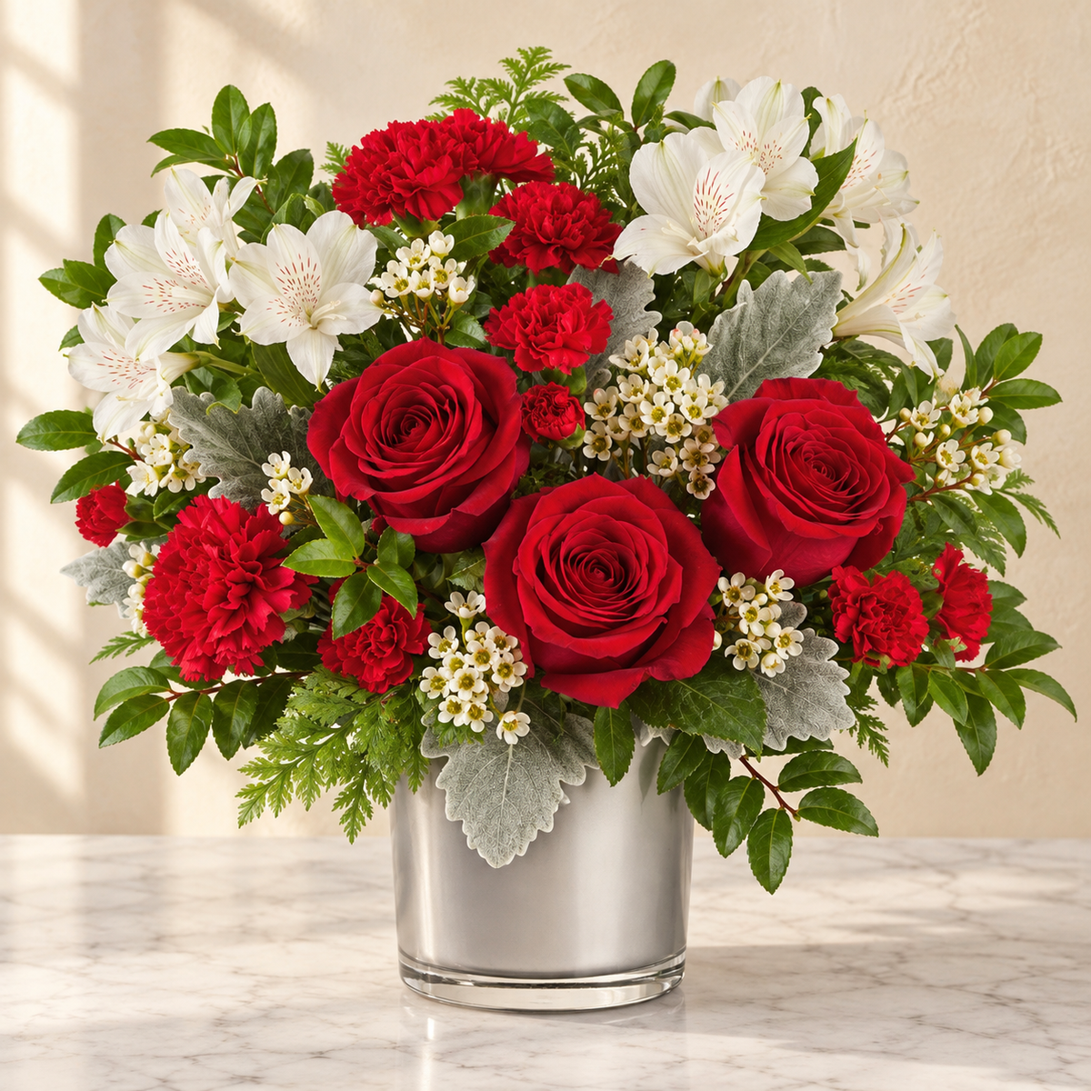 Red roses, red carnations and white alstroemeria in a polished silver vase