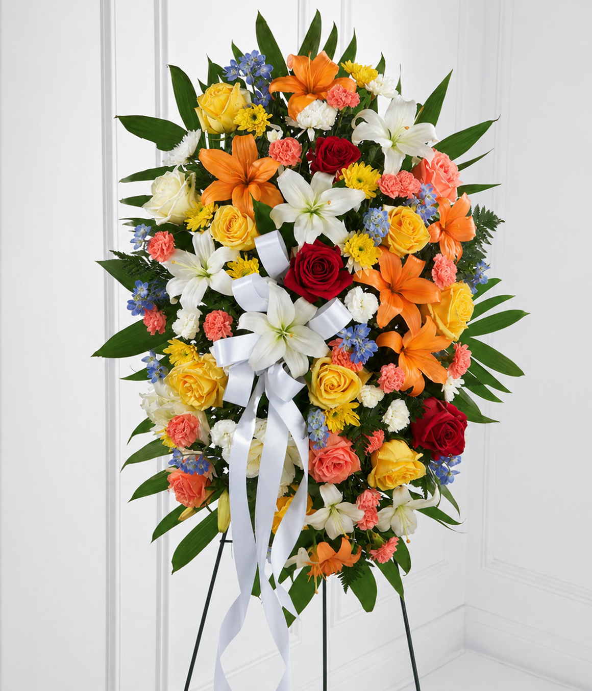 Mixed-color standing spray with orange lilies, wine roses, coral carnations and blue accents
