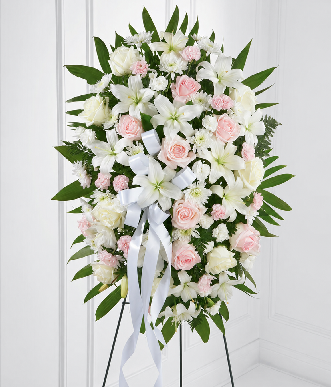 Blush pink roses and carnations with white lilies in the original standing spray