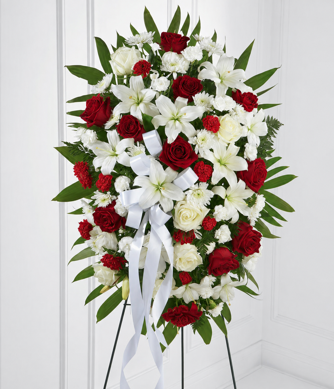 Velvet red roses and carnations with cream white lilies and roses in a standing spray