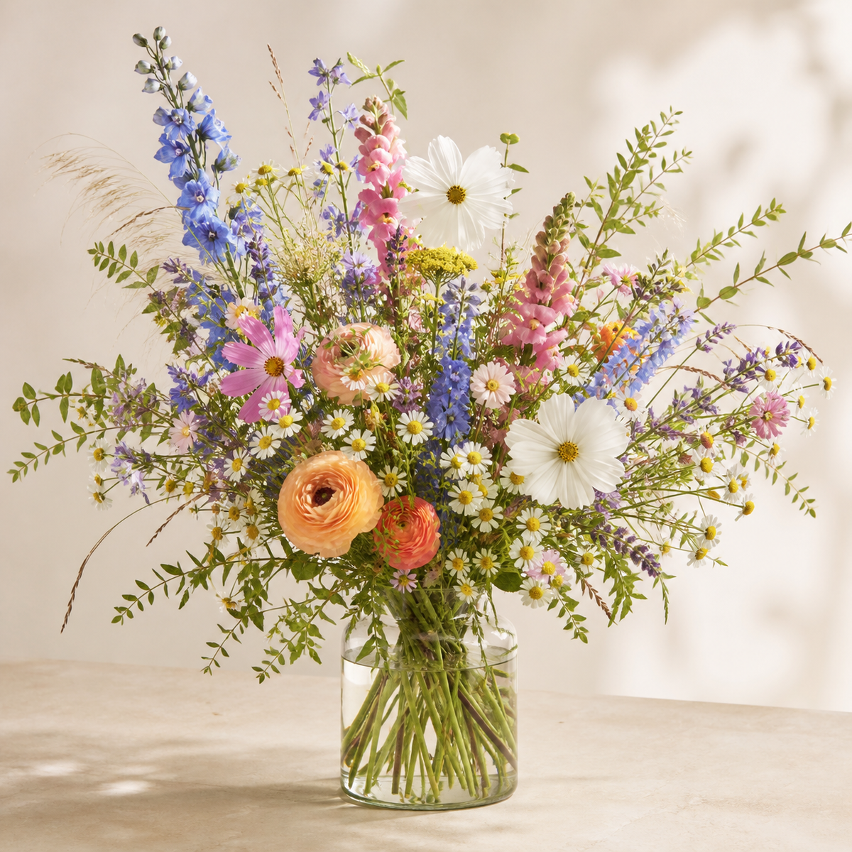 Colorful wildflower arrangement in a clear glass vase